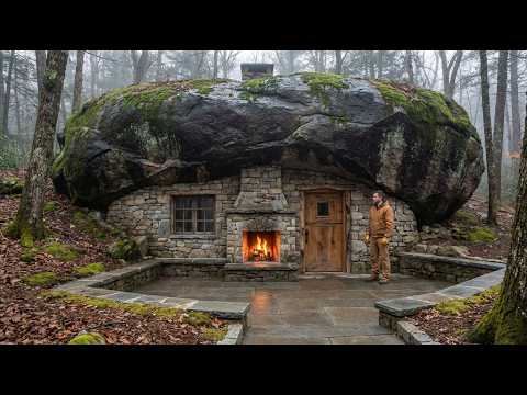 Bau eines warmen Unterschlupfs unter einem riesigen Granitfelsen (ASMR)