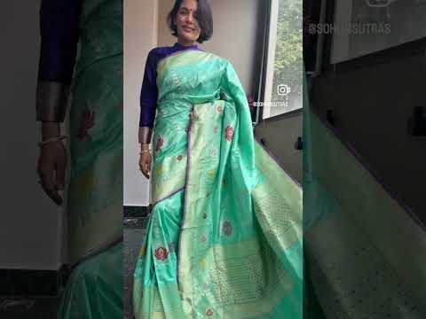 Aqua Blue Pure Katan Silk Chautera Meena Kaduwa Banarasi Saree