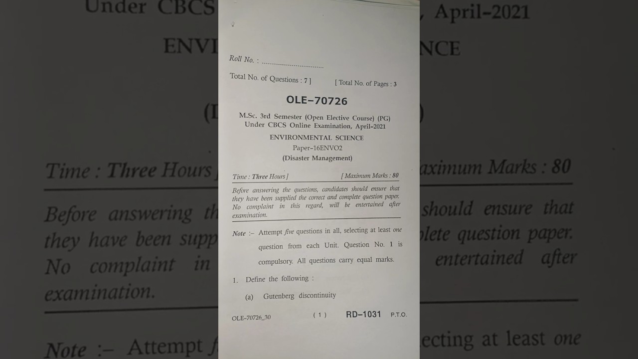Disaster Management Environmental Science 3rd Semester Question Paper MDU Rohtak April 2021