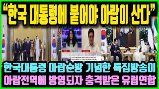 "세계 중심축 한국 대통령에게 꼭 붙어야 아랍이 산다!" UAE와 이집트 등 한국 대통령의 아랍순방 기념해 제작한 특집방송이 아랍전역에 방영되자 충격받은 미국과 유럽연합