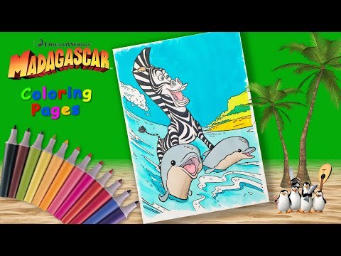 Coloring Marty and Dolphins. Madagascar coloring book for kids. How to draw Zebra from the cartoon. Video