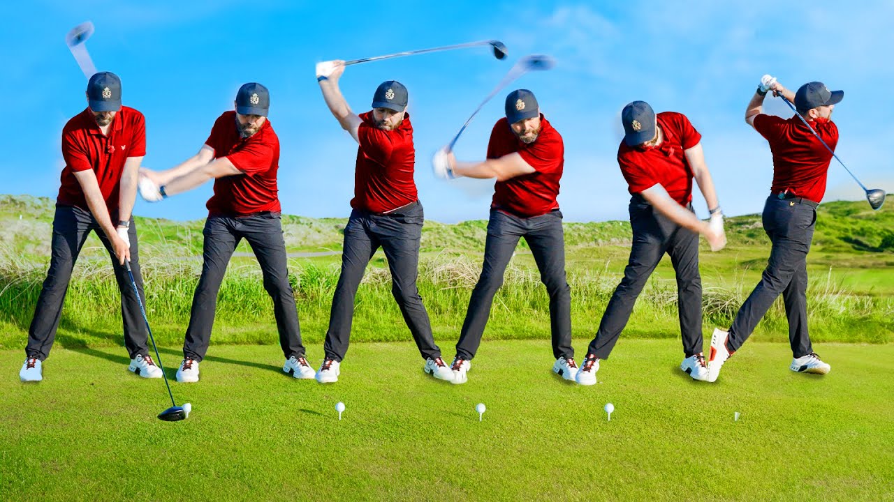 Holding club, swing and standing by golf ball