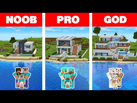 Minecraft NOOB vs PRO vs GOD: MODERN FAMILY BEACH HOUSE BUILD CHALLENGE