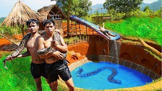 Primitive Survival 4K Video - Build PYTHON House &amp; Water Slide Swimming Pool Underground House