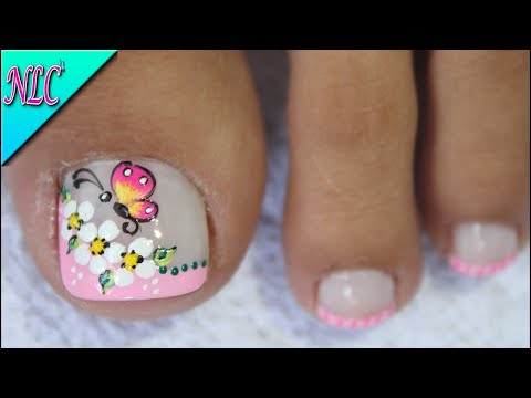 DISEÑO DE UÑAS PARA PIES MARIPOSA Y FLORES CON FRANCES – BUTTERFLY NAIL ART – FRENCH NAIL ART – NLC