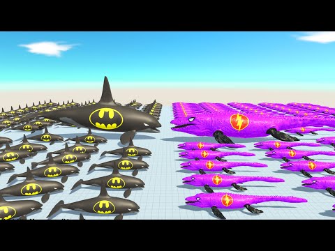 ALL BATMAN ORCA vs ALL FLASH MOSASAURUS DEATH RUN - Animal Revolt Battle Simulator