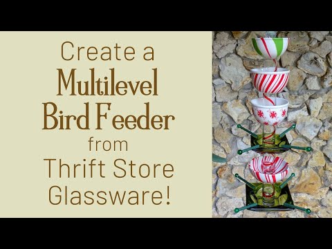 Create a DIY Multilevel Bird Feeder with Upcycled Glass "Candyland" #upcycling #birdfeeder