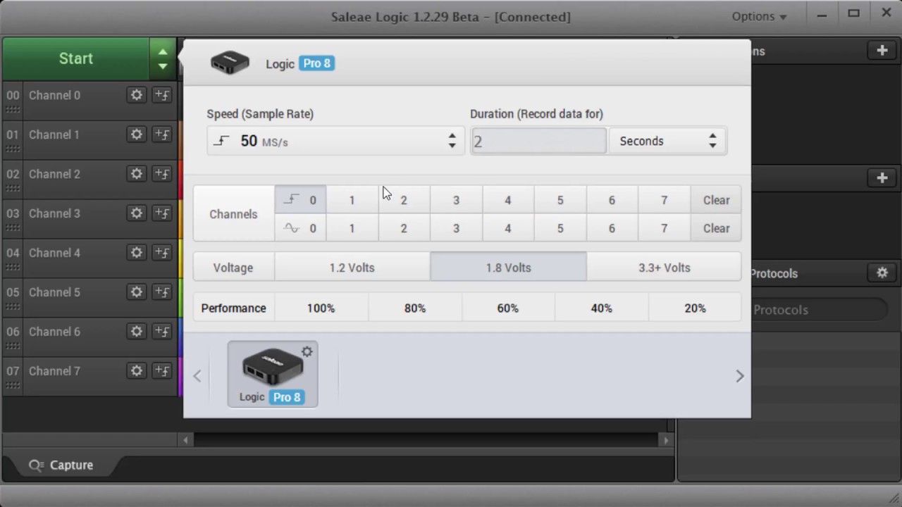 Configuring channels, sample rates, and voltage thresholds