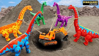 Long-necked Dinosaurs rescue Car, Excavator, Dump truck - Vehicles Toy for kids