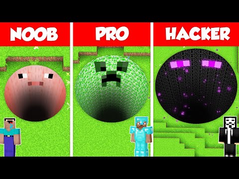 MOB TUNNEL PIT BASE HOUSE BUILD CHALLENGE - NOOB vs PRO vs HACKER / Minecraft Battle Animation