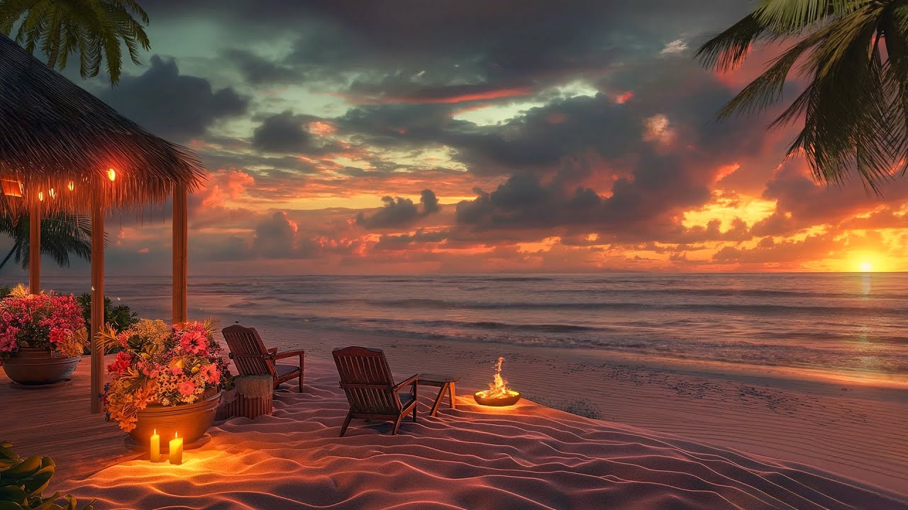 Catch The Sunset At Summer Beach | Soothing Waves Sounds and Fire Pit  To Relax, Heal, Chill