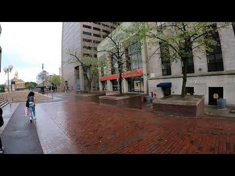 Boston MA rainy day walk Newbury St, Public Garden, Boston Common and Government Center.