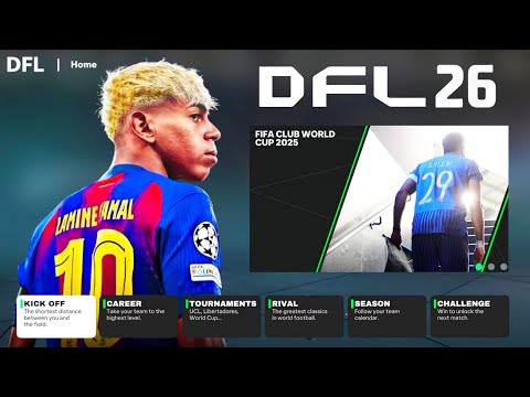 DFL 26 cover style image showing star players and menu tiles