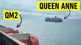 QM2 and Queen Anne Sail By: RARE Meeting AT SEA with HUGE Whistle Blasts