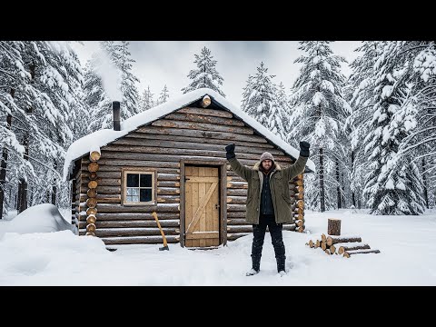 ❄️ Built a Wooden Cabin in 2 Days – Surviving a Night Snowstorm in the Deep Forest