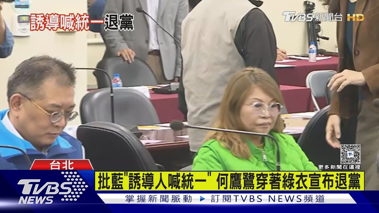 批藍「誘導人喊統一」　國民黨中常委何鷹鷺穿著綠衣宣布退黨