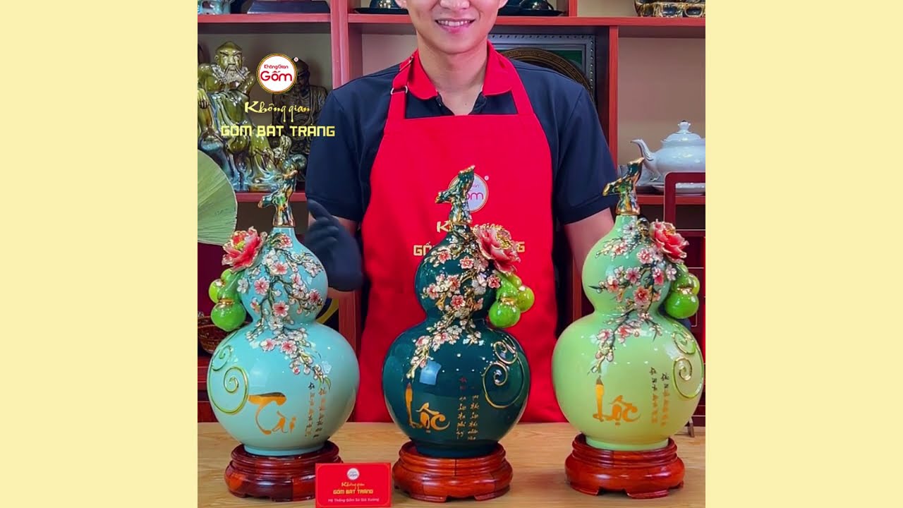 Bình Hồ Lô Xanh Cốm Đắp Nổi Vẽ Vàng Tài Lộc