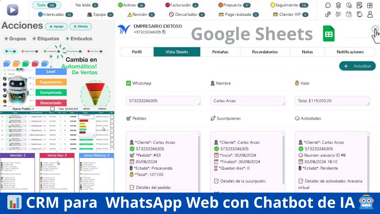 CRM con Chatbot de IA, para WhatsApp con Google Sheets, Recordatorios, Mensajería masiva.