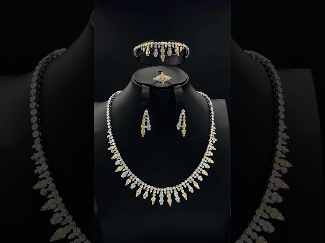 طقم زيركون فضي مكس ذهبي أنيق بإصدار خاص دقة الماس 5 قطع بضمان على اللون