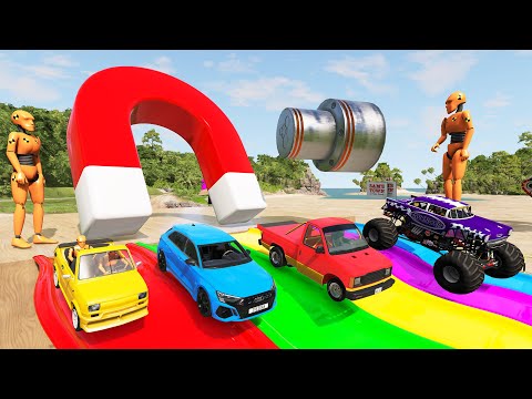 Funny Cars vs Flatbed Trailer Truck Transport Rescue - Cars vs Bollards crash Portal Trap - BeamNG