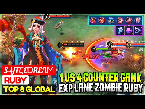 1 VS 4 Counter Gank, Exp Lane Zombie Ruby [ Top 8 Global Ruby ] SᶜytհeᎠreaϻ - Mobile Legends