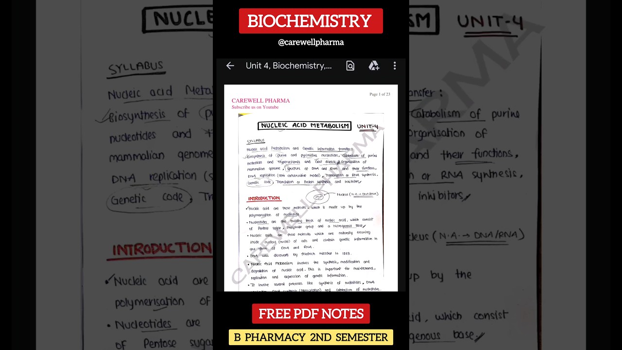 Biochemistry 2nd semester | free pdf Notes #Biochemistry #carewellpharma #shorts
