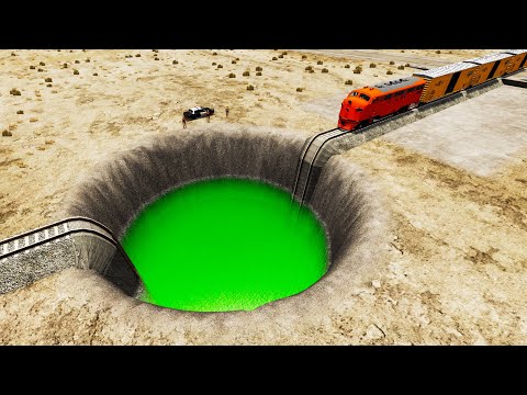 Dirty Green Water vs Trains — Trains vs Giant Pit Deep Water #13 — BeamNG.Drive — Rescind Gaming