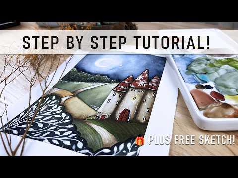🎨 How to Paint a Stylized Landscape in Watercolor with Folk Art Details 🌿 – Step-by-Step Tutorial 🖌️