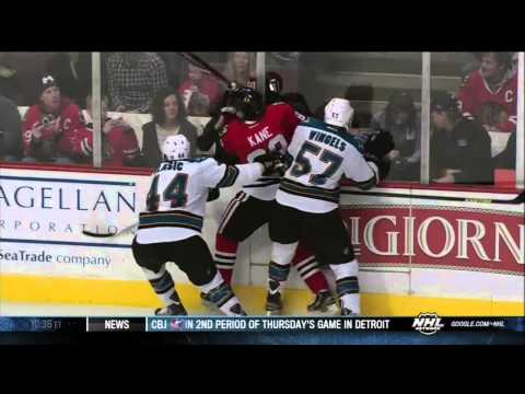 Patrick Kane slashes Tommy Wingels scrum Feb 22 2013 SJ Sharks vs Chicago Blackhawks NHL Hockey
