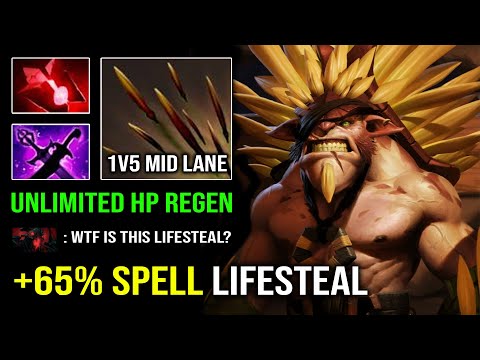 WTF +65% SPELL LIFESTEAL Mid Lane Bristleback Insane 1v5 with Unlimited HP Regen Dota 2