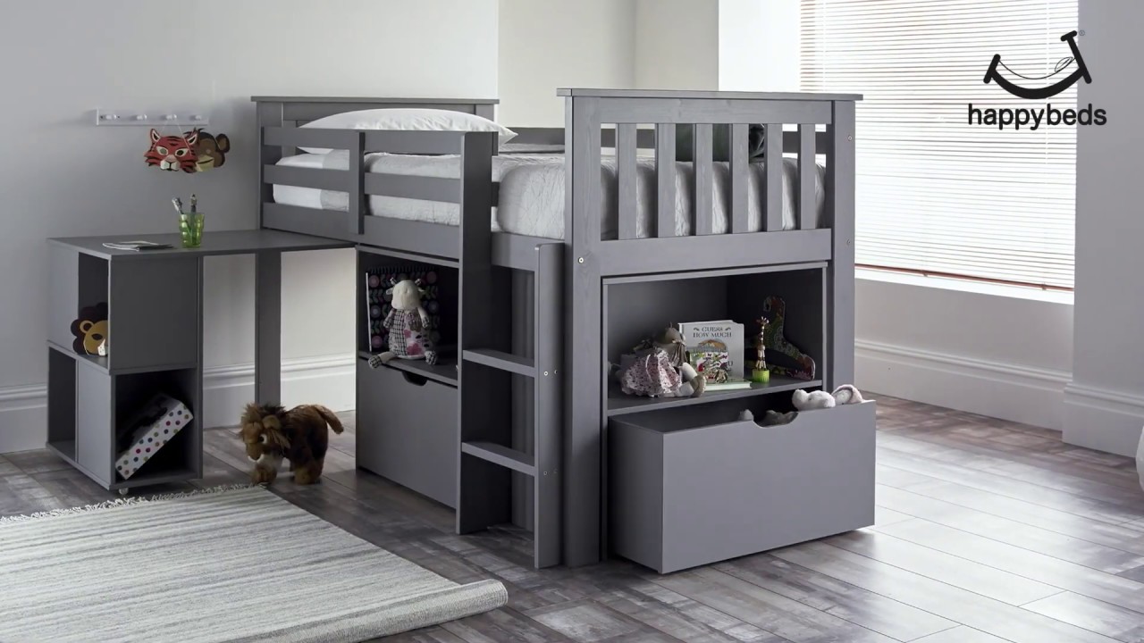 Watch video Milo Grey Wooden Mid Sleeper Kids Bed Frame - 3ft Single | Happy Beds Now Milo Grey Wooden Mid Sleeper Kids Bed Frame - 3ft Single | Happy Beds