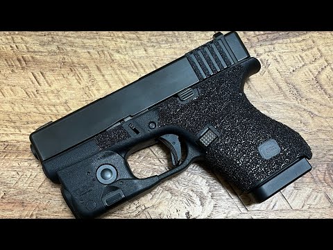 Glock 42 .380 caliber with rubber talon grips. Much better feel.