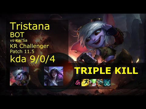 Tristana ADC vs Kai'Sa - KR Challenger 9/0/4 Patch 11.5 Gameplay // [롤] 트리스타나 vs 카이사