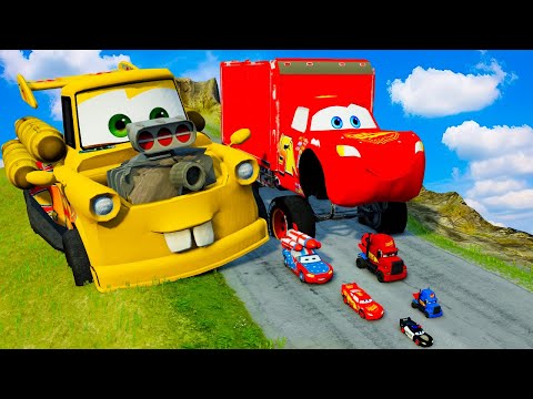 Big & Small Lightning McQueen Monster Wheels vs Pixar Cars with Big Wheels in BeamNG Drive!