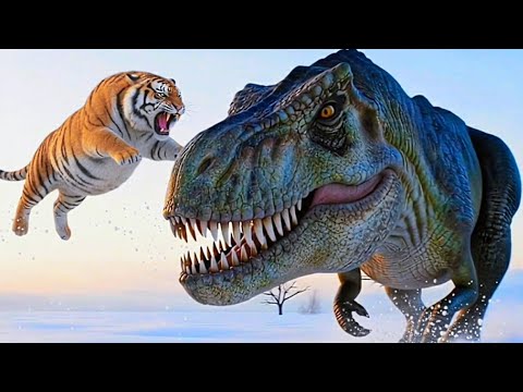 T-REX Defends Snowy TIGER - Snowy TIGER vs. T-REX Fight Scene | CLIP4K 
