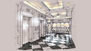 Design Sketch, Elevator Lobby, 6 Perspective: Lighting/Value, 240215