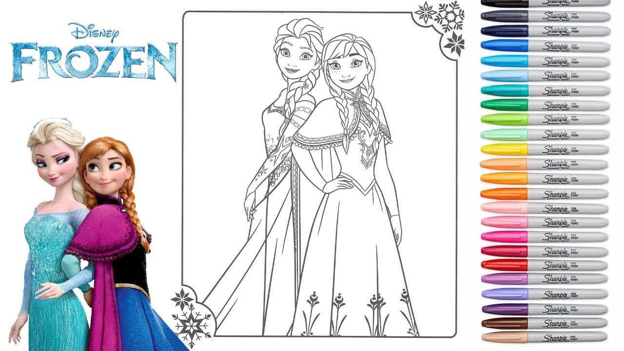 Coloring Elsa and Anna Frozen Coloring Page Coloured Sharpie Copic Markers