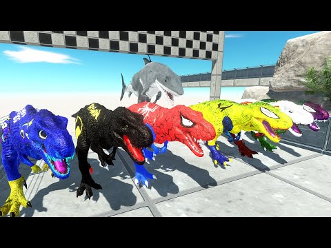 Dinosaurs Racing: x6 T-rex Marvel VS KING SHARK Hunting Dinosaurs - Animal Revolt Battle Simulator