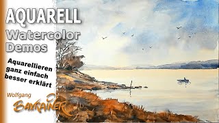 Aquarell: Uferlandschaft als Übung zur Lockerheit