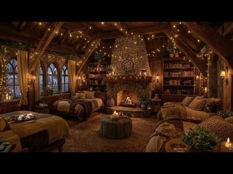 Hufflepuff Dorm Room Fireplace 🔥 Blizzard Sounds Outside | Cozy Fantasy Ambience