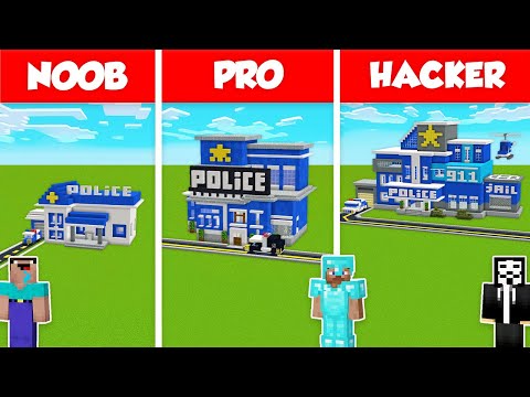 POLICE STATION BASE HOUSE BUILD CHALLENGE - NOOB vs PRO vs HACKER / Minecraft Battle Animation