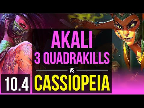 AKALI vs CASSIOPEIA (MID) | 3 Quadrakills, 600+ games, Godlike | Korea Challenger | v10.4