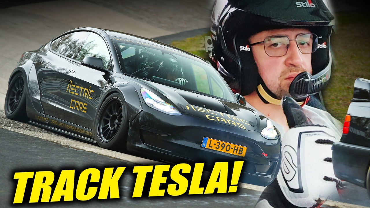 Carbon widebody Tesla Model 3 Performance with wide fender flares on track at the Nurburgring during a public session