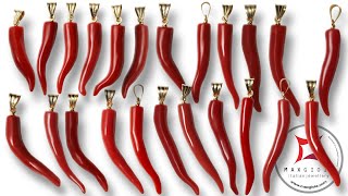 Play Video Nuova Collezione Set7 cornetti piccoli portafortuna Corallo rosso design napoletano in Oro 18K
