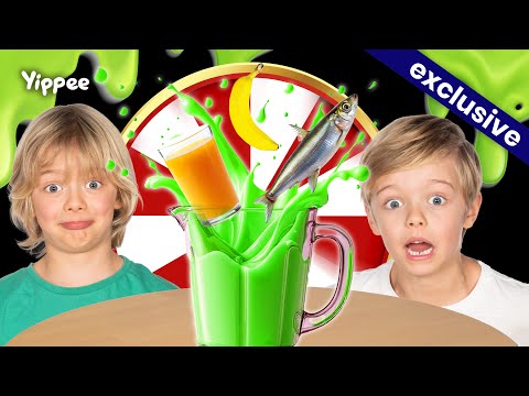 Two surprised kids stand beside a neon-green pitcher with splashing green liquid, a banana, and a fish jumping from the drink.