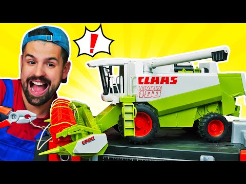Il trattore giocattolo ha rotto una mietitrebbia! Autofficina per bambini. Giochi del meccanico