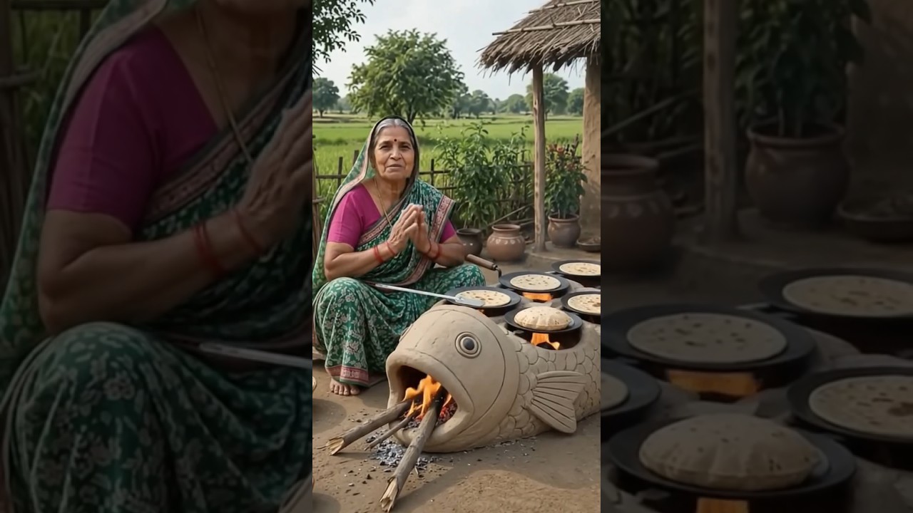 देसी दादी का कमाल: मछली वाले चूल्हे पर एक साथ बन रही हैं गरमा-गरम रोटियां! 🐟🔥🥰