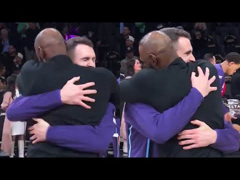 LeBron James & Kevin Love Powerful Embrace during Warm-Up before Lakers vs Jazz