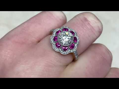 Old European Cut Diamond and Ruby Floral Motif Engagement Ring - Hand Video - Ruby Floral Ring