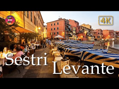 Sestri Levante at night (Liguria), Italy【Walking Tour】4K
